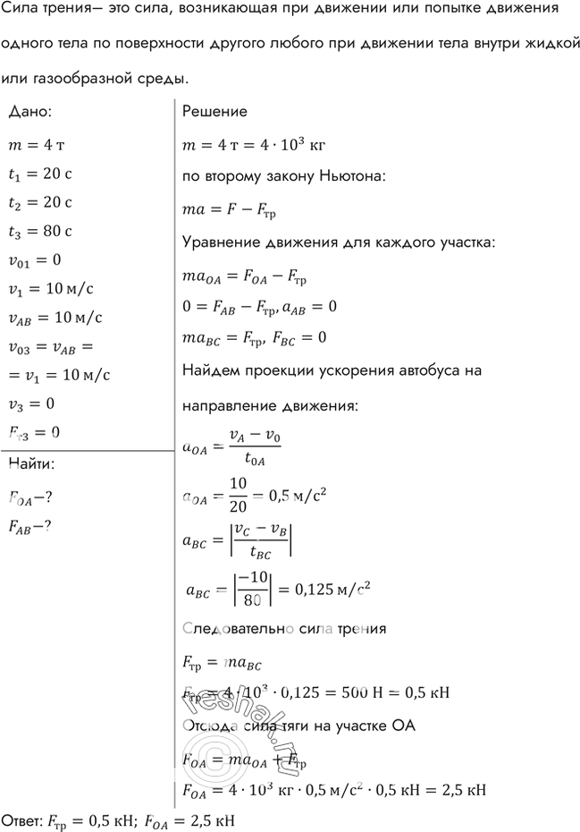 Изображение На рисунке 38 приведен упрощенный график изменения проекции скорости автобуса при движении между двумя остановками. Масса автобуса 4 т. Считая силу сопротивления...