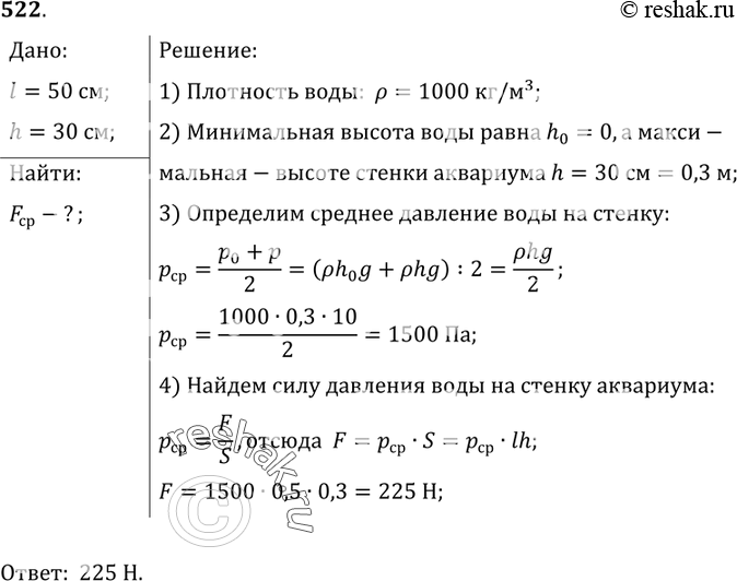 Изображение 522.	Аквариум наполнен доверху водой. С какой силой давит вода на стенку аквариума длиной 50 см и высотой 30...