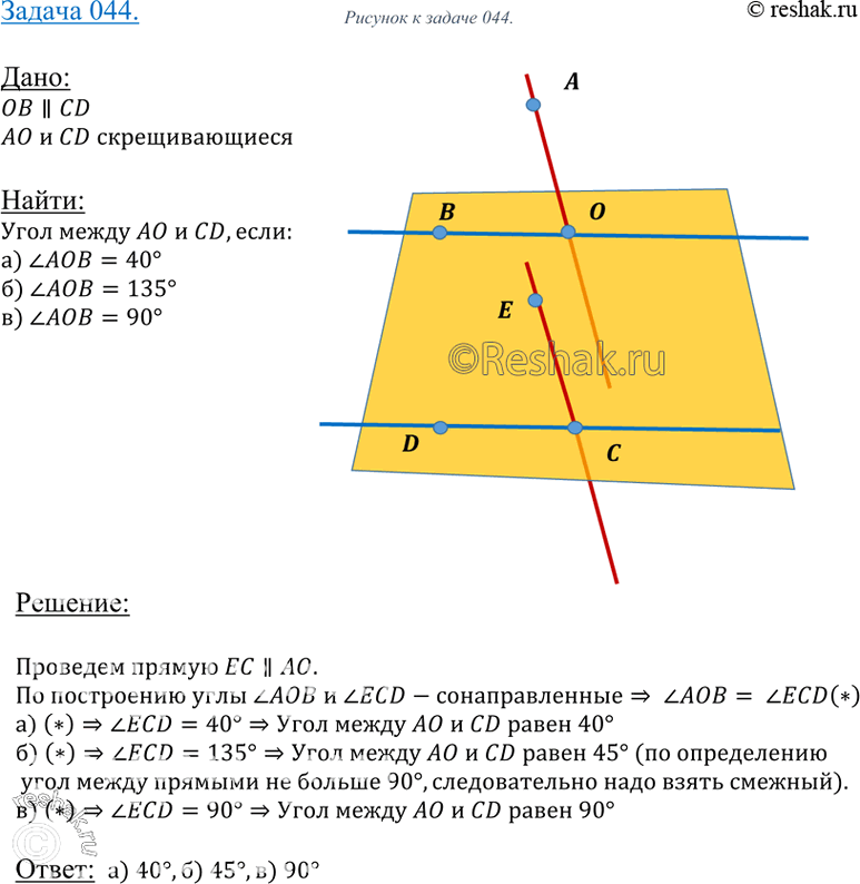 Изображение 44 Прямые OB и CD параллельные, а OA и CD — скрещивающиеся прямые. Найдите угол между прямыми OA и CD, если: а) ZAOB = 40°; б) ZAOB = 135°; в) ZAOB =...