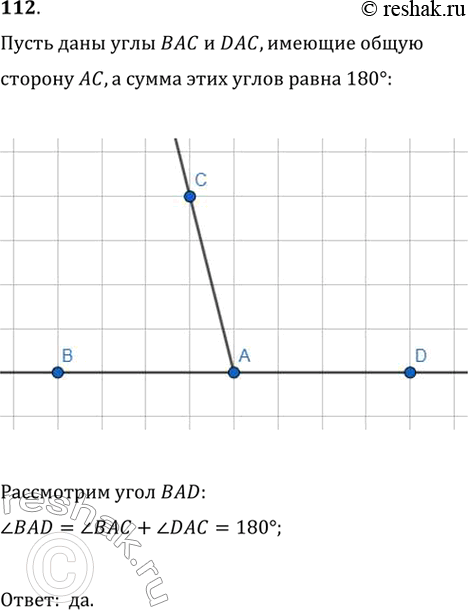 Изображение 112. Два угла имеют общую сторону, а их сумма равна 180°. Можно ли утверждать, что эти углы являются...