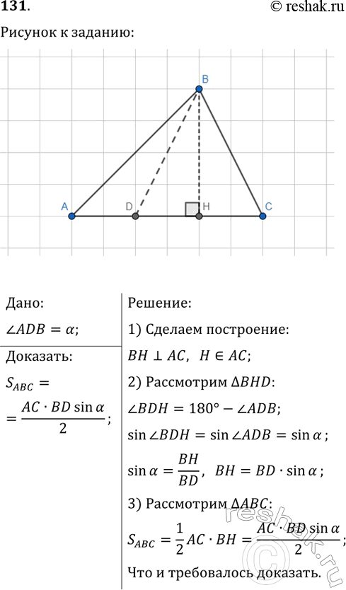 Изображение 131. На стороне АС треугольника АВС отметили точку D так, что угол ADB=альфа. Докажите, что S треугольника...
