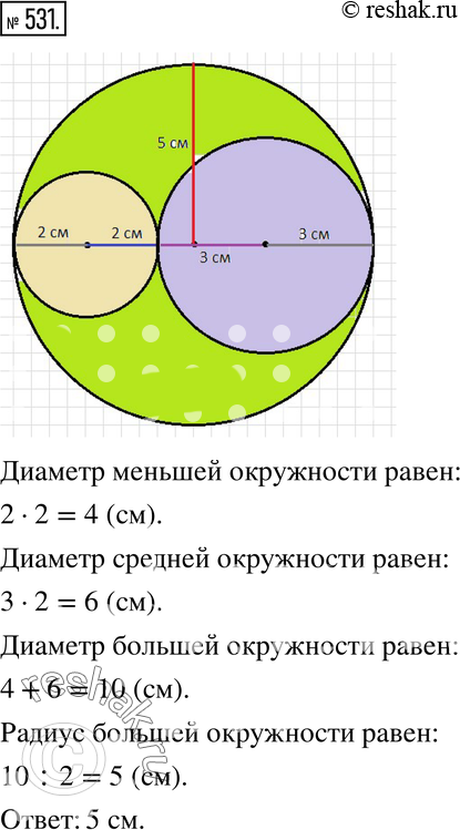 Изображение 531. Радиус меньшей окружности равен 2 см, радиус средней - 3 см (рис. 6.8). Чему равен радиус большей окружности? Воспроизведите...