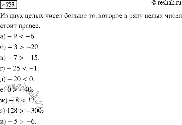 Изображение 239. Сравните числа:а) -9 и -6;	б) -3 и -20;	  в) -7 и -15;г) -25 и -1;	д) -20 и 0;	  е) 0 и -40;ж) -8 и 13;	з) 128 и -300;	  и) -5 и...